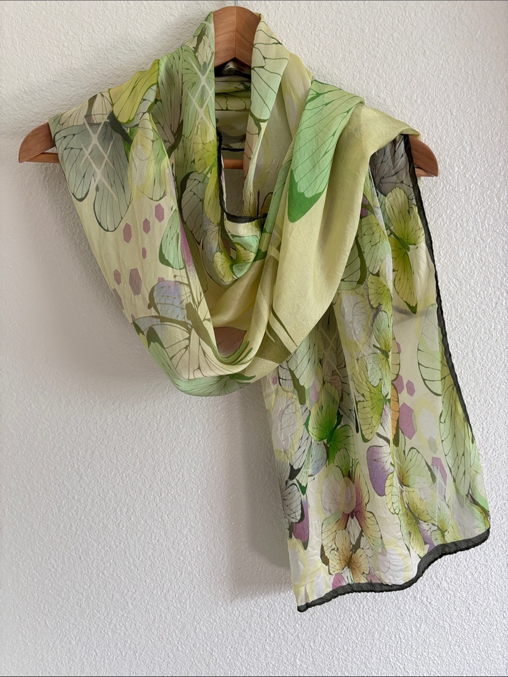 100% Silk Made in Italy Green Butterfly Moth Print Scarf | elegant | nature |